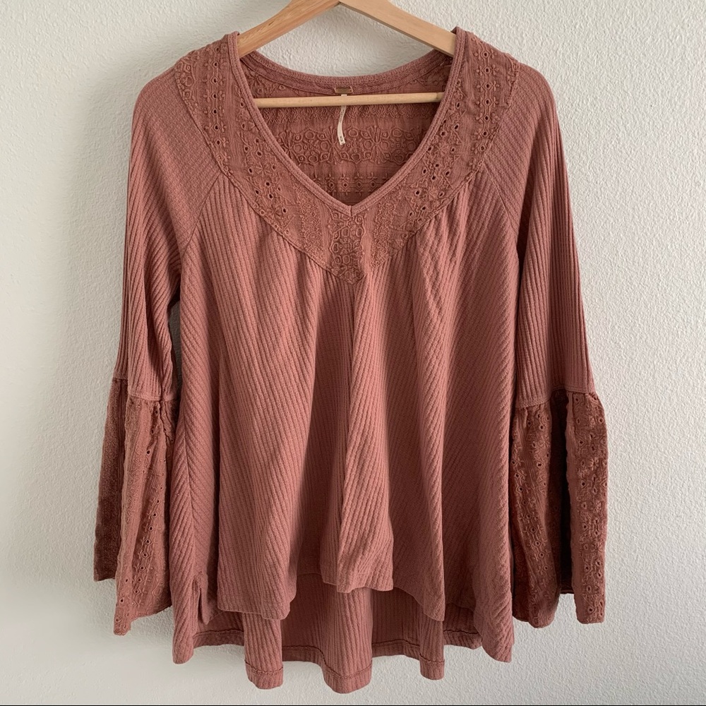 Free People waffle knit eyelet bell sleeve top